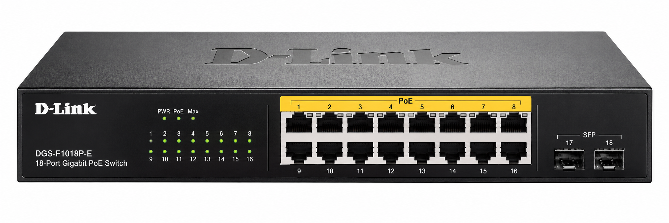 D-Link 16-Port Unmanaged PoE Switch with 2 SFP Uplink Ports